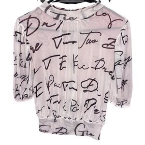 Love J Mesh Sheer Blouse Mock Tupac Snoop Dog Neck‎ Black Script Print Medium